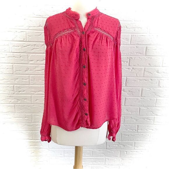 Free People Strawberry Pink Everyday Girl Swiss Dot Button Blouse Size Small - Picture 2 of 7